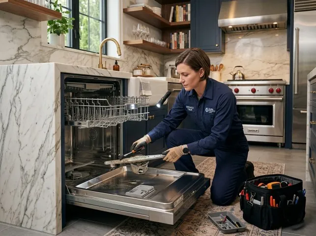 Appliance Repair Hero technician servicing a built-in dishwasher in a Arcade, NY kitchen