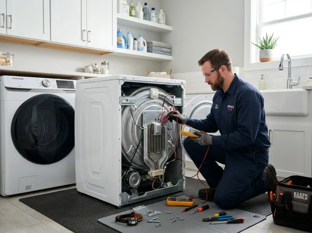 Appliance Repair Hero technician checking a dryer heating element with the rear panel off in Arcade, NY