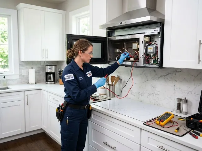 Appliance Repair Hero technician testing an over-the-range microwave in a Arcade, NY kitchen