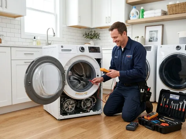 Appliance Repair Hero technician testing a front-load washer with a multimeter on a Arcade, NY service call